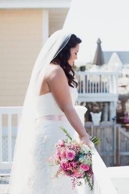 Bridal Bouquet with pink tulips, pink roses and blue hydrangea