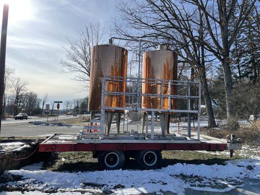 Brewhouse tanks on display outside