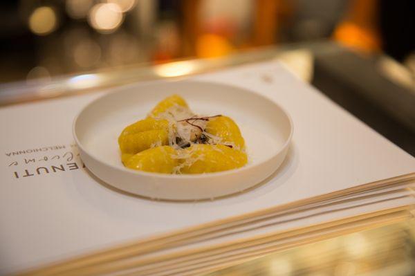 Saffron gnocchi with pure, organic saffron from Pozzolengo, Italy.