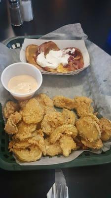 Trio appetizer (also and chips and salsa not pictured). Fried pickled and loaded potato skins.