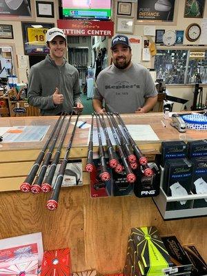 Friendly experts at Kepler's with my re-gripped sticks.