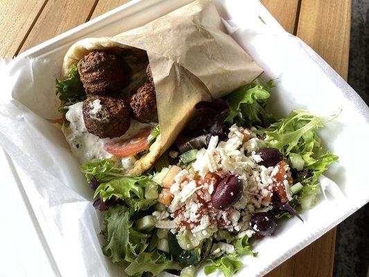 Falafel Gyro with side Greek salad