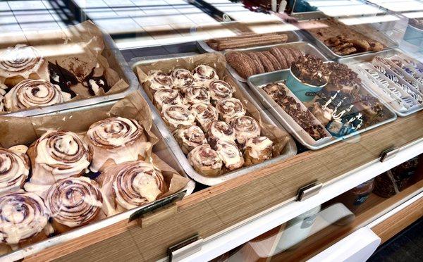 Display case with cinnamon rolls