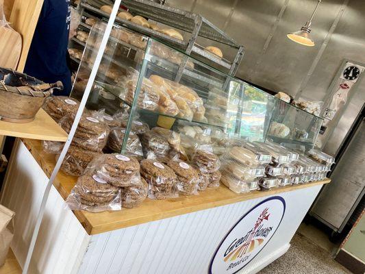 Display of freshly baked bread and other goodies - we tried the giant cinnamon roll for the first time - icing wayyy too sweet & sugary