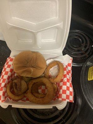 Turkey burger and onions rings