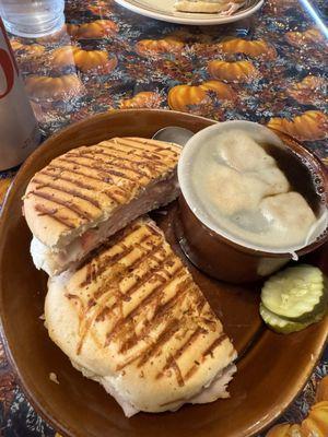 Turkey focaccia with French onion soup