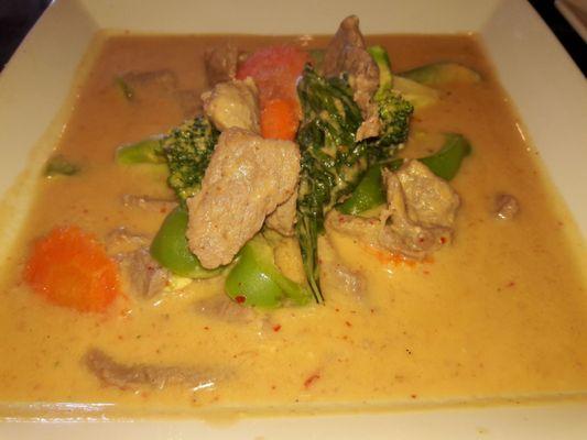 "Panang Curry" (with beef is $13), sweet dried chili base, bell peppers, carrots, and basil.