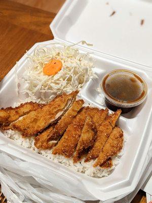 $11.99 Chicken Katsu. Congress with cabbage salad, rice, soup and mini appetizers.