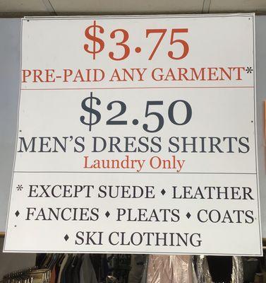 General dry cleaning and shirt laundry prices.