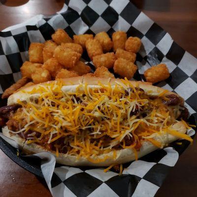 1/4 lb. Chili dog and tater tots