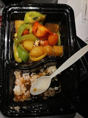 What's left of the sweet & sour. Kids ate the few pieces of chicken. Small serving. veggies prepared well, but too salty for us to eat.