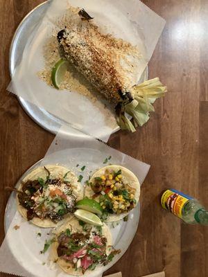 Taco trio and elote. A culinarily winning combo!