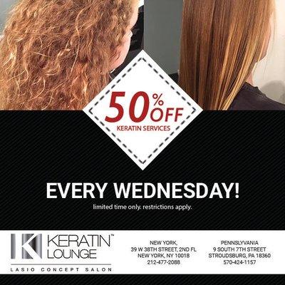 All new clients at the Keratin Lounge receive 50% a full keratin service on Wednesdays! Book today!