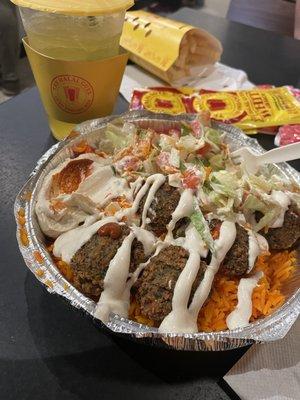 Falafel platter, fries, and passionfruit lemonade.