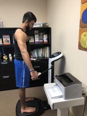 InBody 570 body composition test to determine how much lean muscle mass and body fat you have per body part.