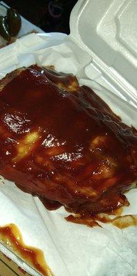 Bbq rib overly priced $25 for them to be full of fat, freezer taste, too tuff & to much sauce