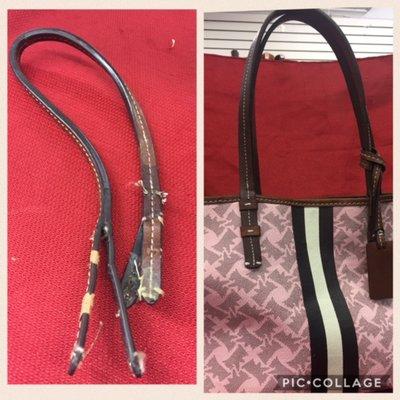 damaged leather strap changed to new strap on bag.