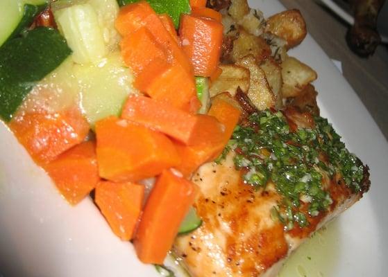 Entree Choice #2: Grilled King Salmon - Cooked with Fresh Herbs and EVOO. Served with mixed vegetables and roasted potatoes