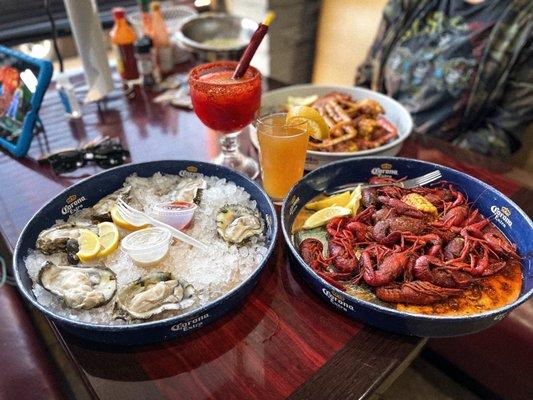 Half dozen oysters, lb of crawfish, half pound crab legs.