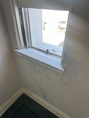 water damage and mold from wood rotted windows that are stuck open