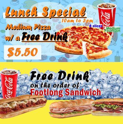 Lunch Special~~ 10am to 3pm Call for order and pick up! Footlong Sandwich w/ a free drink