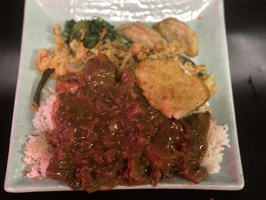 Beef curry with Chicken Katsu over rice