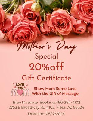 Mother's Day Special
20% off Gift Certificate
Deadline:05/12/2024