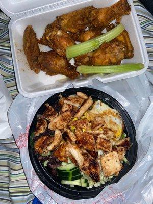 Egg, chicken and rice bowl and Caribbean citrus Wings Only