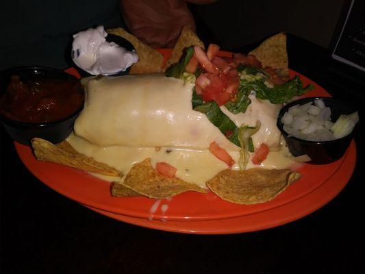 Wet Burrito in a white-ish cheesy sauce.