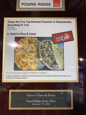 Proud of represent tarrytown .   five top ranked pizzeria in westchester wow