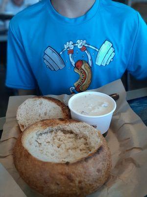 New England Clam Chowder Soup with bread bowl