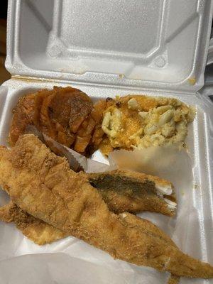 Fish, Mommas Cheesy Mac & Cheese, Candied Yams