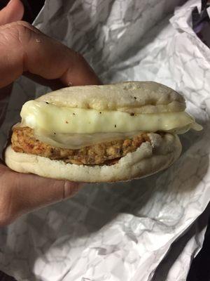 Egg whites, maple chicken sausage & Swiss on a shmuffin; my FAVORITE!