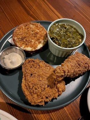 Fried Chicken Plate with Macaroni and Southern Greens