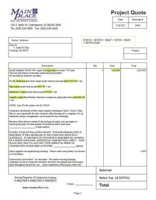 Main Place quote for $5783 versus Acme invoice for $2200