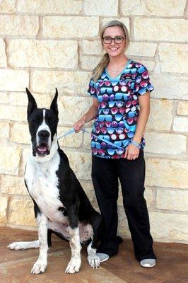 Our Kennel Manager - Ashley - and a patient - Tux.