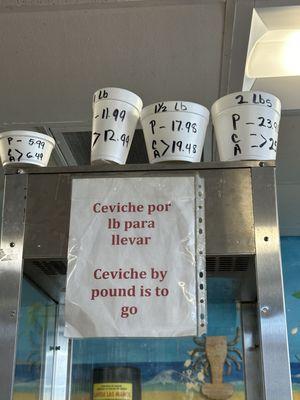 Size and price for ceviche