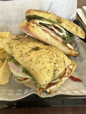 Turkey mozzarella on focaccia with pesto