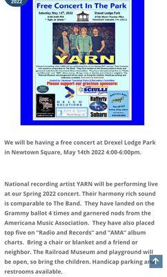 Drexel Lodge Park -- FREE concert! 5/14/22