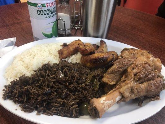 Lamb with brown and white rice with plaintains and coconut water  On point!!! So great!