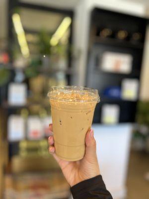 Iced Latte (~$6): with lavender (75¢) and oat milk (50¢)