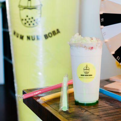 Home Sweet Home features Coconut Milk Tea, Tapioca Boba "Noodles", and Fresh Diced Honeydew Melon, is only $5 with check-in on Yelp!