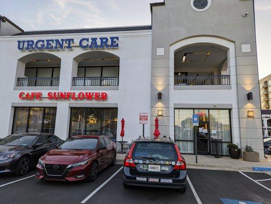 Outside. Storefront. Entrance around corner. Cafe Sunflower is located in the Brookwood Square shopping center.