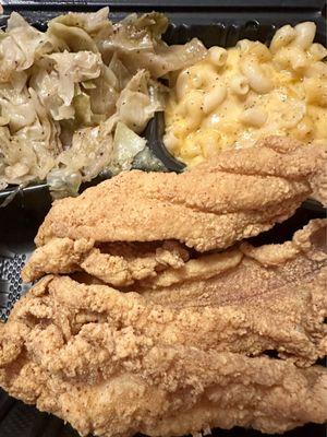 Catfish, cabbage and Mac and Cheese