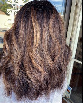 Caramel balayage with shadow root by Amy