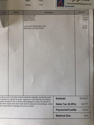 F150 water pump replacement ($90 an hour) ... at this price go to dealership instead.