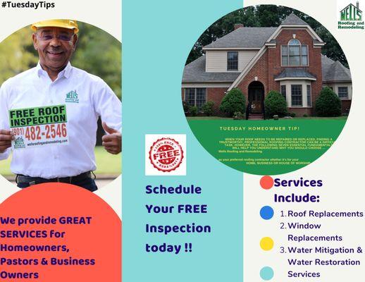 Good-morning Fellow Peers!  Homeowners, Pastors and Business Owners we have great services provided and ALWAYS a FREE INSPECTION for any ser