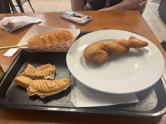 Taro filled taiyaki, Korean twisted donut, original Korean corn dog