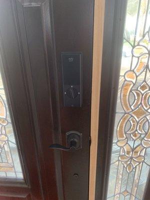 Freshly drilled and installed deadbolt and handle. Fantastic job Richie!