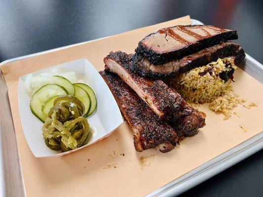 Brisket and Rice sub Fried Rice ($18) and 1/2 lb Pork Ribs ($10)